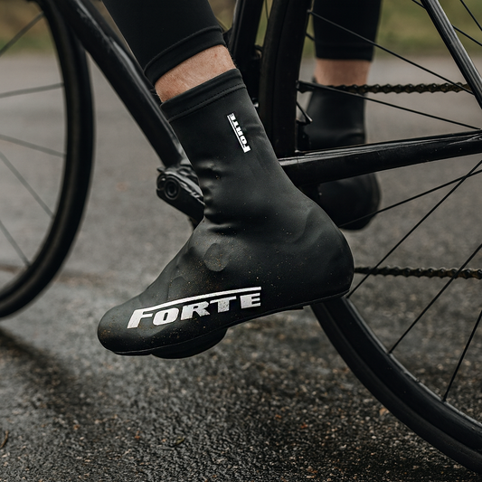 Zwarte rubberen fietsoverschoenen gedragen over wielrenschoenen tijdens het fietsen