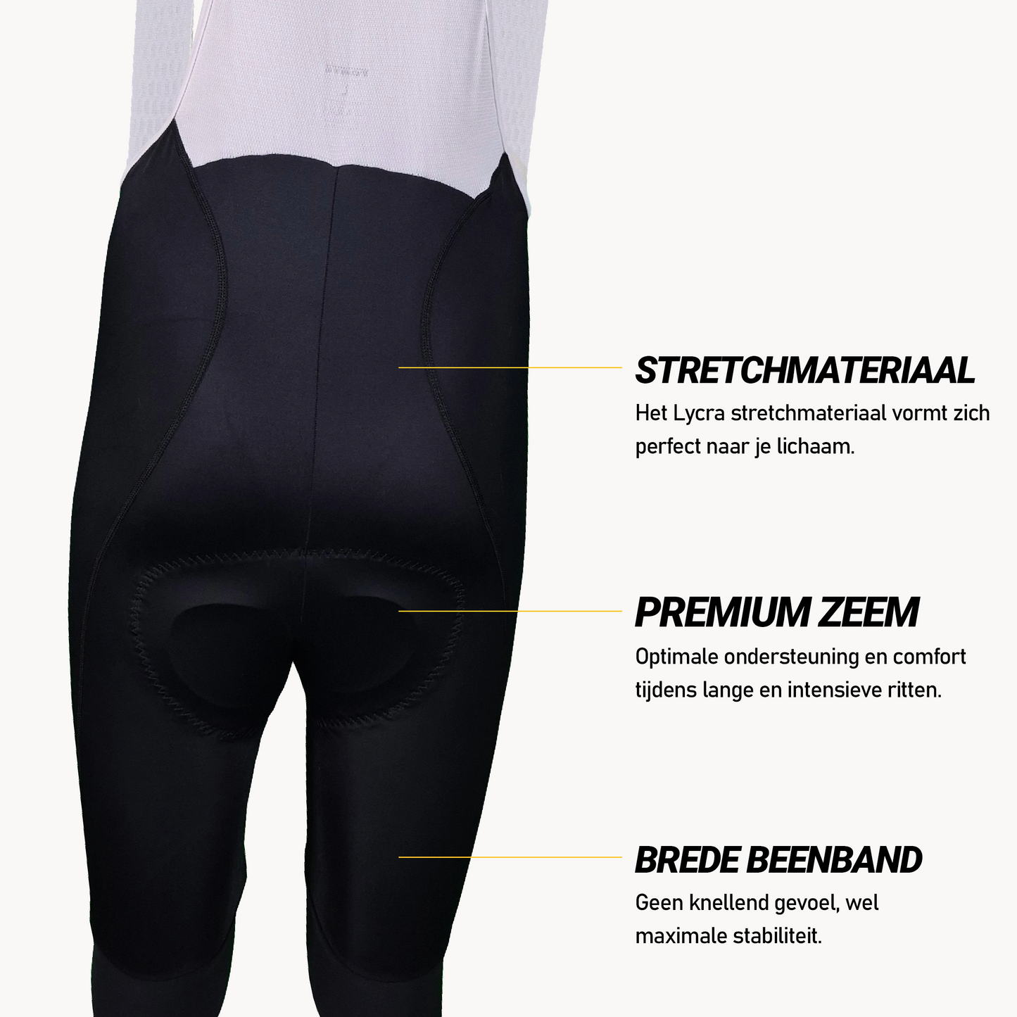 Koersbroek Pro productdetails met stretchmateriaal, premium zeem, brede beenband