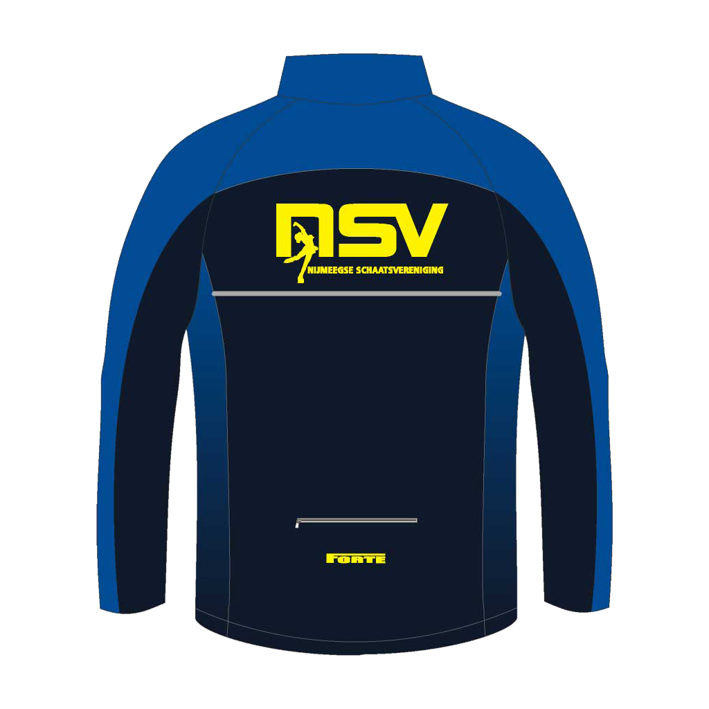 "NSV thermojack voor kunstrijden – elegant en warm schaatsjack van de Nijmeegse Schaatsvereniging, ontworpen voor figuurschaatsers die trainen in koude ijsbanen met behoud van bewegingsvrijheid - achterkant