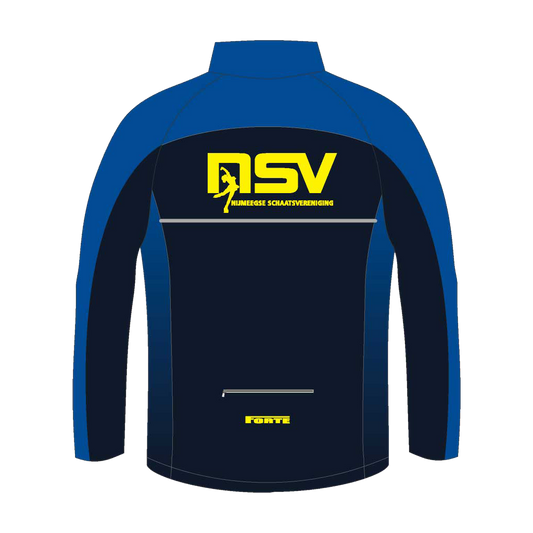 "NSV thermojack voor kunstrijden – elegant en warm schaatsjack van de Nijmeegse Schaatsvereniging, ontworpen voor figuurschaatsers die trainen in koude ijsbanen met behoud van bewegingsvrijheid - achterkant