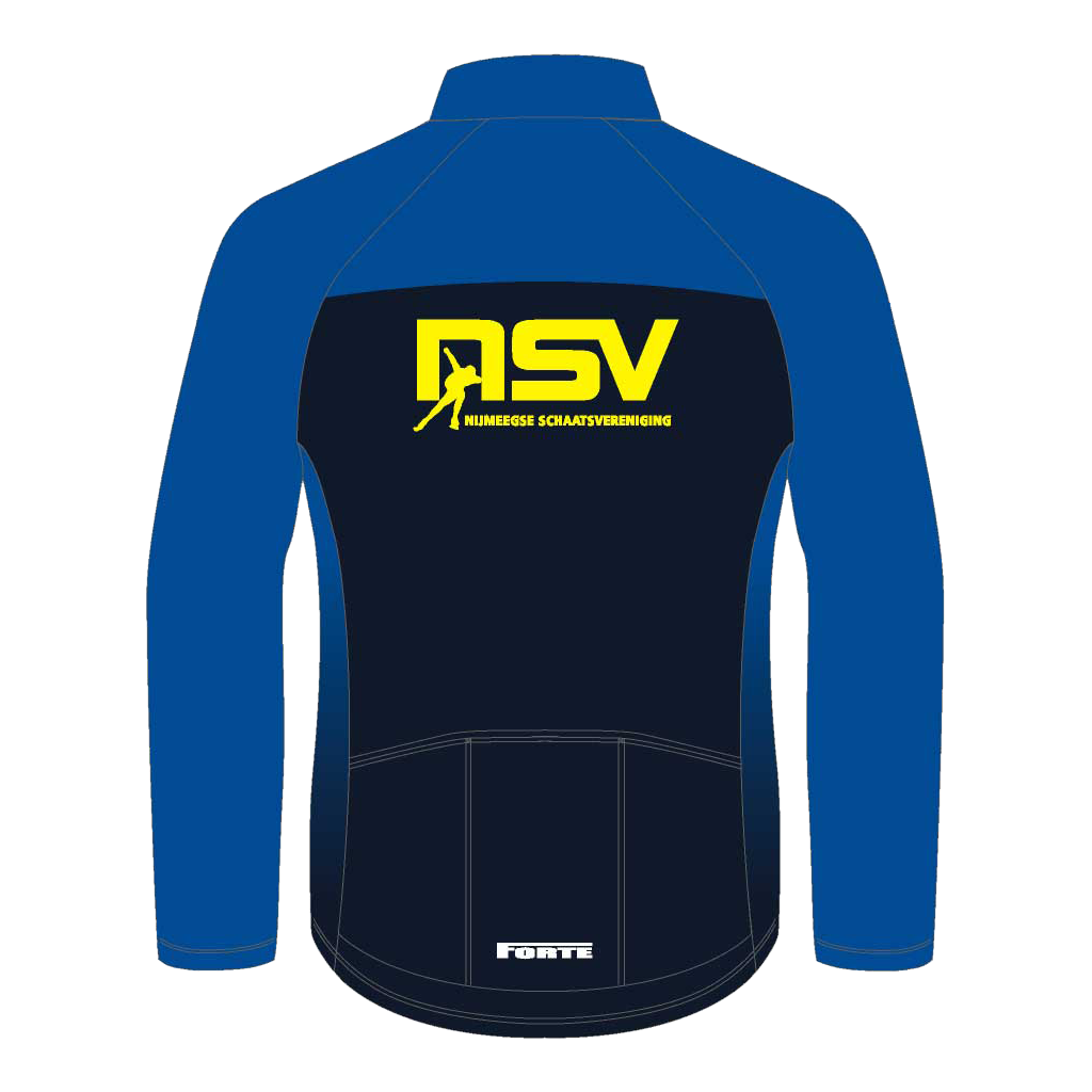 NSV 4-seasonjack voor wielrennen – winddicht en waterafstotend fietsjack van het langebaanteam van de Nijmeegse Schaatsvereniging, geschikt voor trainingen in alle weersomstandigheden - achterkant