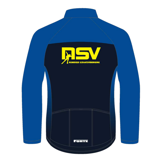 NSV 4-seasonjack voor wielrennen – winddicht en waterafstotend fietsjack van het langebaanteam van de Nijmeegse Schaatsvereniging, geschikt voor trainingen in alle weersomstandigheden - achterkant