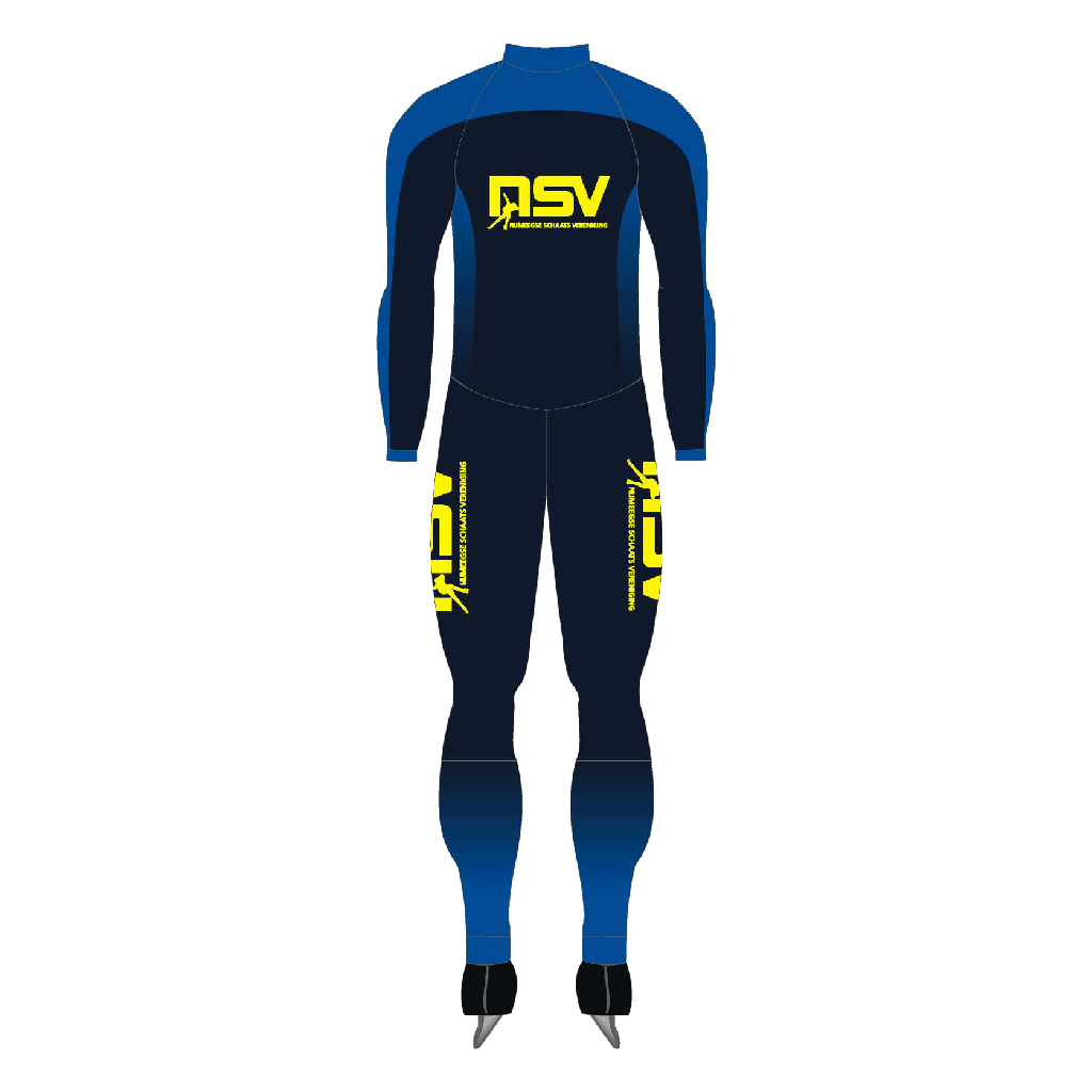 NSV lycra marathonpak voor langebaanschaatsen – lichtgewicht, ademend en strak schaatspak van de Nijmeegse Schaatsvereniging, ontworpen voor maximale snelheid en comfort tijdens lange trainingen en wedstrijden - achterkant