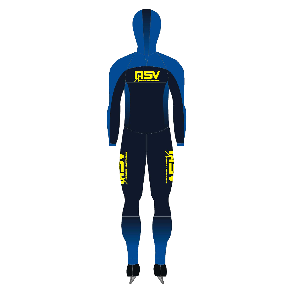 NSV speedpak met cap voor langebaanschaatsen – aerodynamisch en strak schaatspak met bijpassende cap van de Nijmeegse Schaatsvereniging, ideaal voor maximale snelheid en prestaties op de 400-meterbaan - achterkant