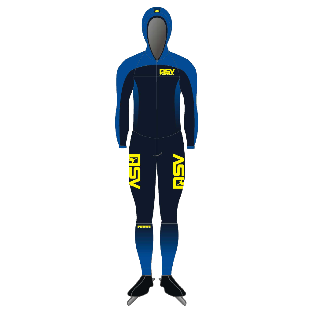 NSV speedpak met cap voor langebaanschaatsen – aerodynamisch en strak schaatspak met bijpassende cap van de Nijmeegse Schaatsvereniging, ideaal voor maximale snelheid en prestaties op de 400-meterbaan