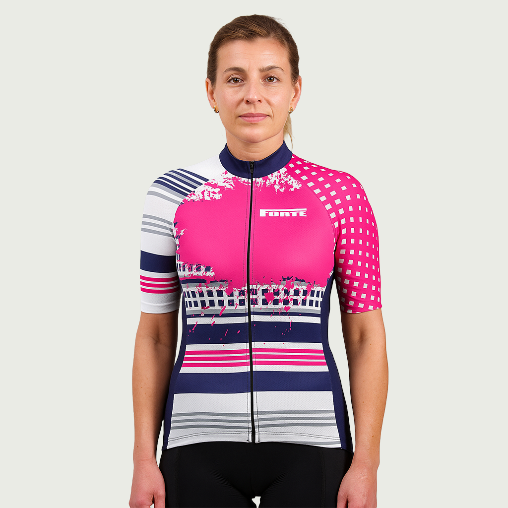 Wielershirt roze voor dames en heren, unisex wielershirt met patroondesign met roze, wit, blauw, donkerblauw navy kleuren