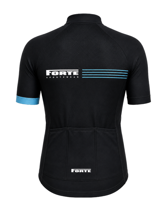 Zwart Forte Wielershirt Race voor heren met korte mouwen, blauwe details en volledige ritssluiting.