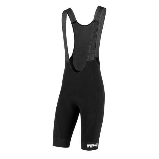 zwarte wielerbroek voor wielrenners en fietsers, koersbroek blanco met forte logo