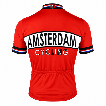 Retro vintage wielershirt Amsterdam in rood – klassiek wielrennen fietsshirt met retro design voor heren en dames, geïnspireerd op Amsterdamse wielercultuur.
