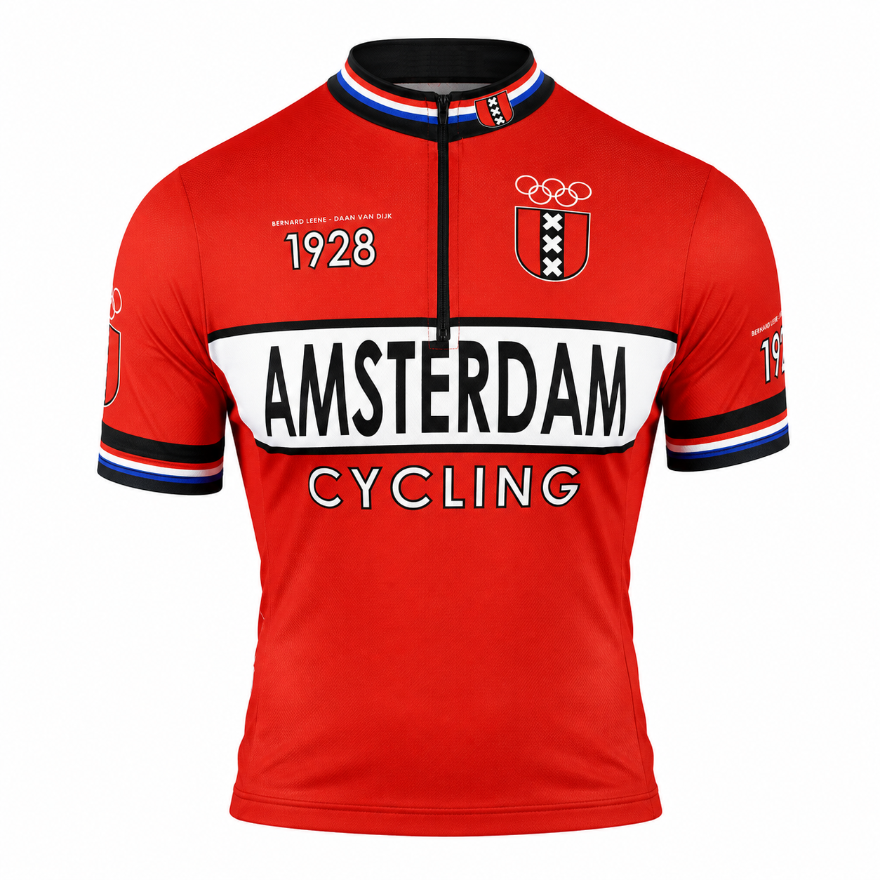Retro vintage wielershirt Amsterdam in rood – klassiek wielrennen fietsshirt met retro design voor heren en dames, geïnspireerd op Amsterdamse wielercultuur.