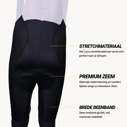 Koersbroek Pro productdetails met stretchmateriaal, premium zeem, brede beenband