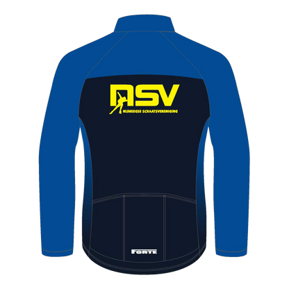 NSV 4-seasonjack voor wielrennen – winddicht en waterafstotend fietsjack van het langebaanteam van de Nijmeegse Schaatsvereniging, geschikt voor trainingen in alle weersomstandigheden - achterkant