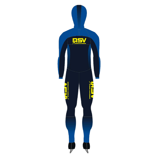NSV lycra speedpak met cap voor kinderen – licht en aerodynamisch schaatspak met cap van de Nijmeegse Schaatsvereniging, ontworpen voor jonge langebaanschaatsers die snelheid en bewegingsvrijheid nodig hebben op de 400-meterbaan - achterkant