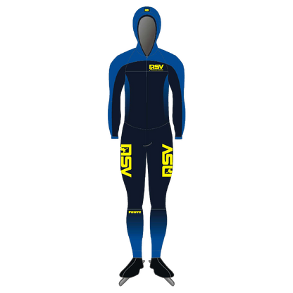 NSV speedpak met cap voor langebaanschaatsen – aerodynamisch en strak schaatspak met bijpassende cap van de Nijmeegse Schaatsvereniging, ideaal voor maximale snelheid en prestaties op de 400-meterbaan