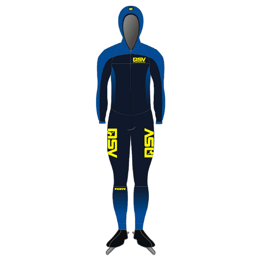 NSV speedpak met cap voor langebaanschaatsen – aerodynamisch en strak schaatspak met bijpassende cap van de Nijmeegse Schaatsvereniging, ideaal voor maximale snelheid en prestaties op de 400-meterbaan
