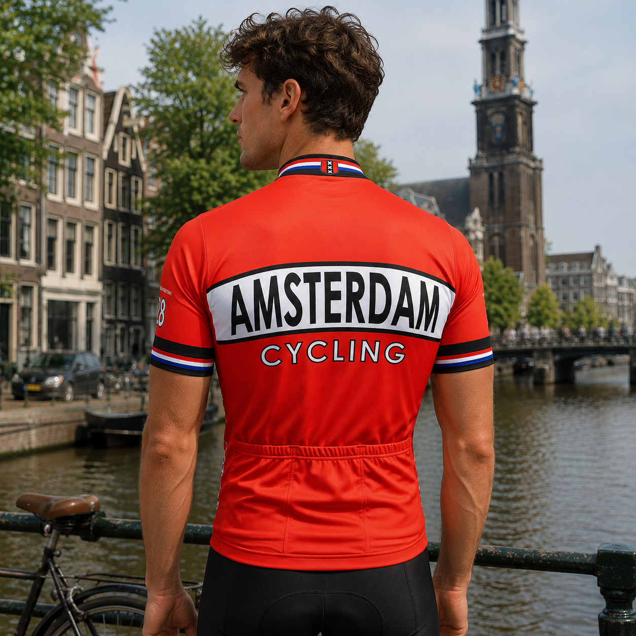 Retro vintage wielershirt Amsterdam in rood – klassiek wielrennen fietsshirt met retro design voor heren en dames, geïnspireerd op Amsterdamse wielercultuur.