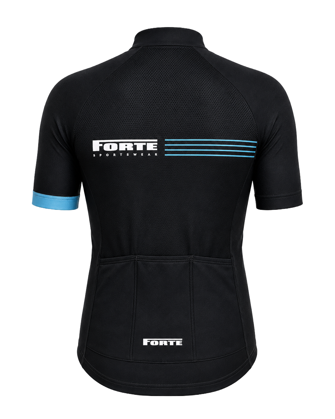 Zwart Forte Wielershirt Race voor heren met korte mouwen, blauwe details en volledige ritssluiting.