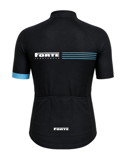 Zwart Forte Wielershirt Race voor heren met korte mouwen, blauwe details en volledige ritssluiting.