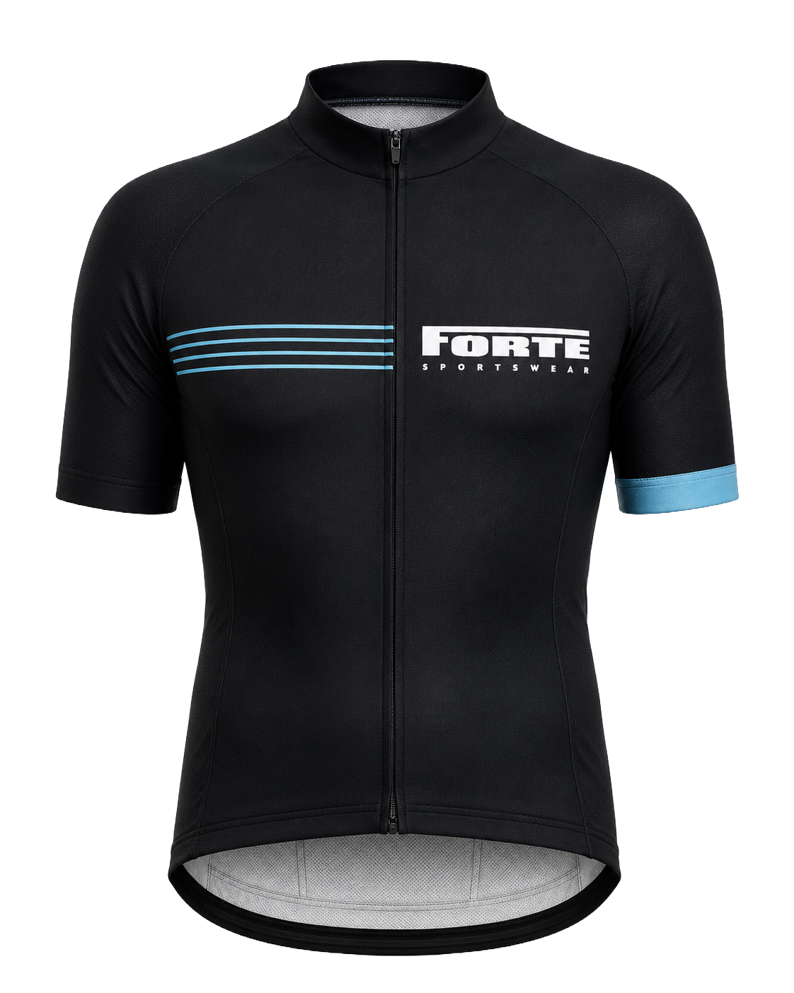 Zwart Forte Wielershirt Race voor heren met korte mouwen, blauwe details en volledige ritssluiting.