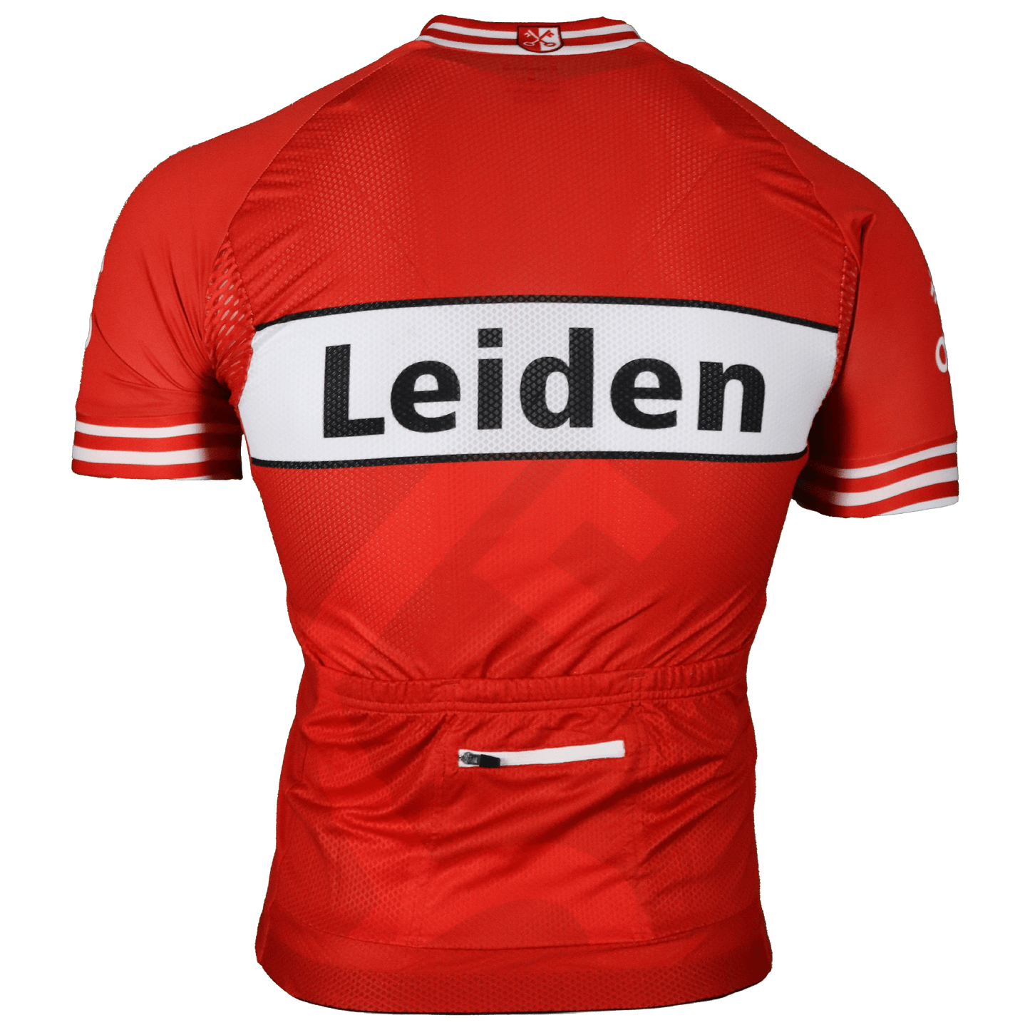 wielershirt van gemeente leiden, iconisch sleutel design gemeenteleiden wielerkleding, foto achter