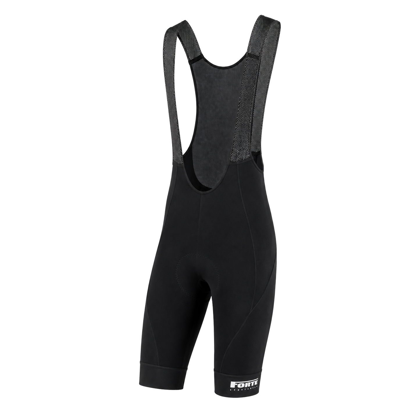 zwarte wielerbroek voor wielrenners en fietsers, koersbroek blanco met forte logo
