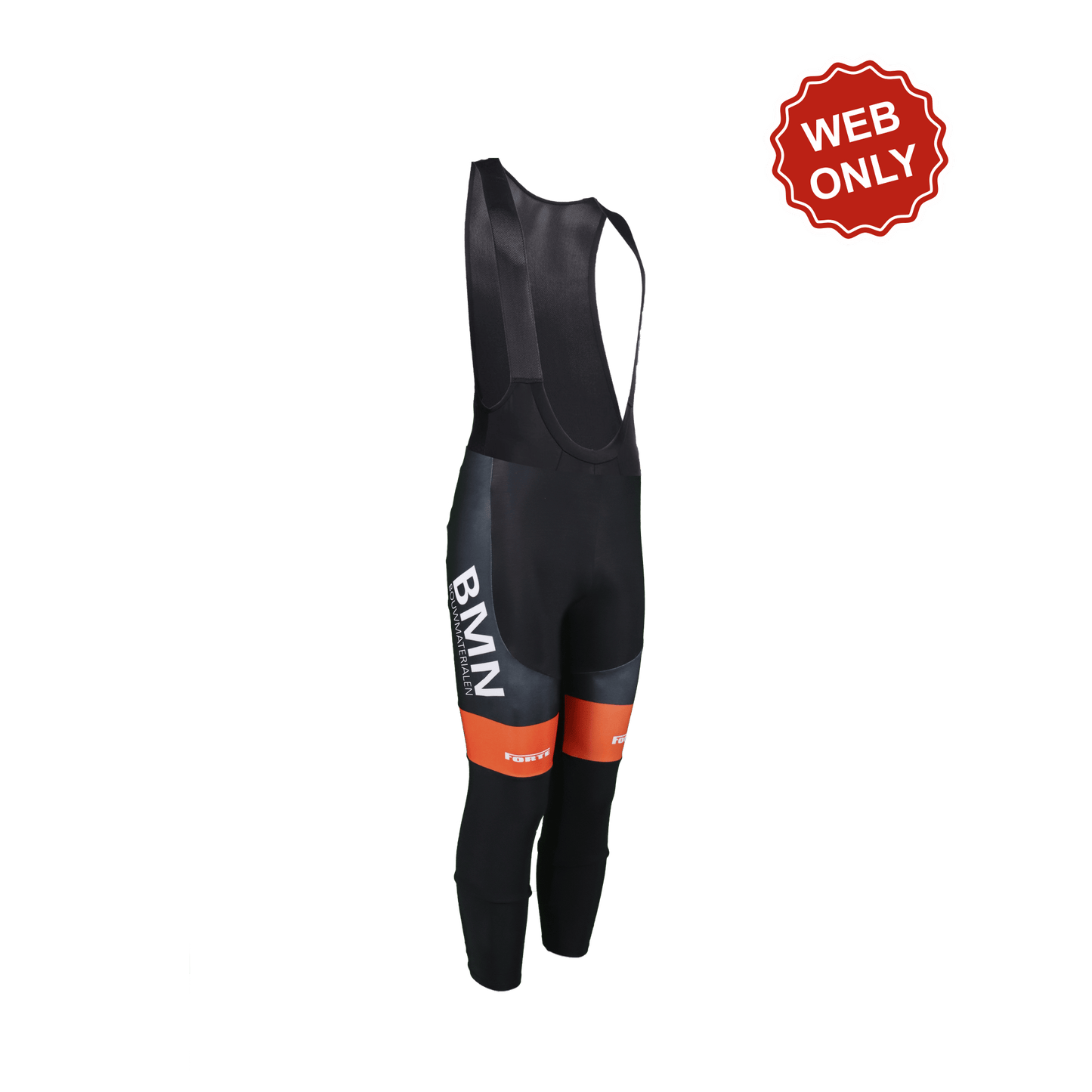 zijaanzicht BMN thermo salopette – isolerende wielerbroek met ergonomische pasvorm en BMN-logo op de zijkant